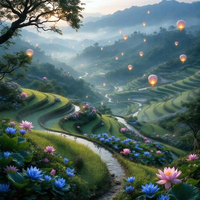 The primary subject of the image is a beautifully designed garden with a pathway leading through it. The setting is a lush green hillside with a mountainous background. The visual style is a combination of photo and digital art, creating a vibrant and colorful scene. The colors and mood are predominantly blue and pink, giving the garden a serene and peaceful atmosphere.